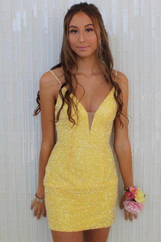 Tight Yellow Maritza Homecoming Dresses Beaded Party Dress Party Dress CD23564