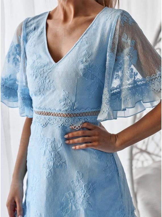 Raven Lace Homecoming Dresses Light Blue Short Dress With Sleeve CD23865