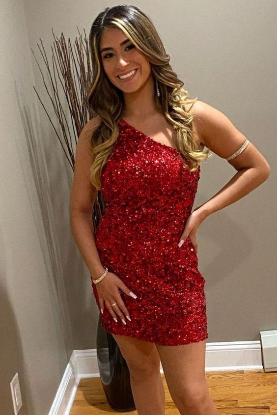 Tight Red Homecoming Dresses Amara Sequins Short With One Shoulder CD24123