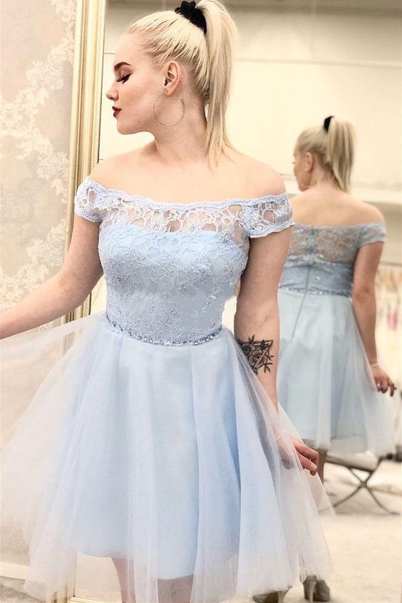 Off The Shoulder Light Blue And Addisyn Lace Homecoming Dresses Tulle Short CD24231