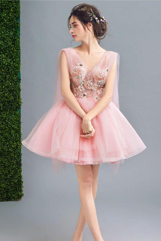 A-Line And Floral Embroidery Short Party Dress Pink Homecoming Dresses Jazmyn CD24566
