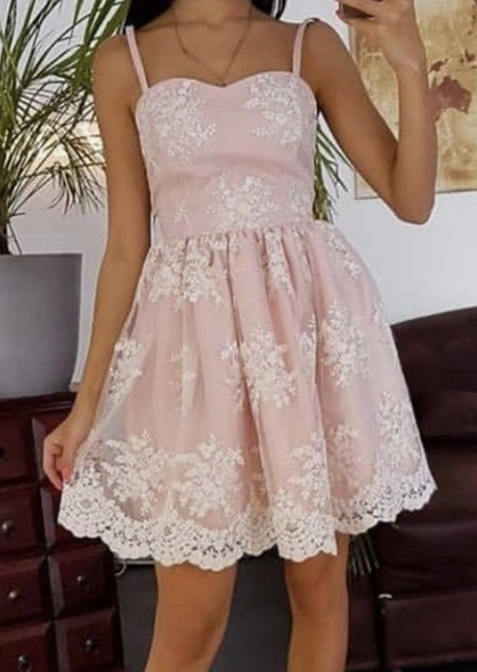Lace A Line Kayley Homecoming Dresses Pink Cute Spaghetti Straps CD2463