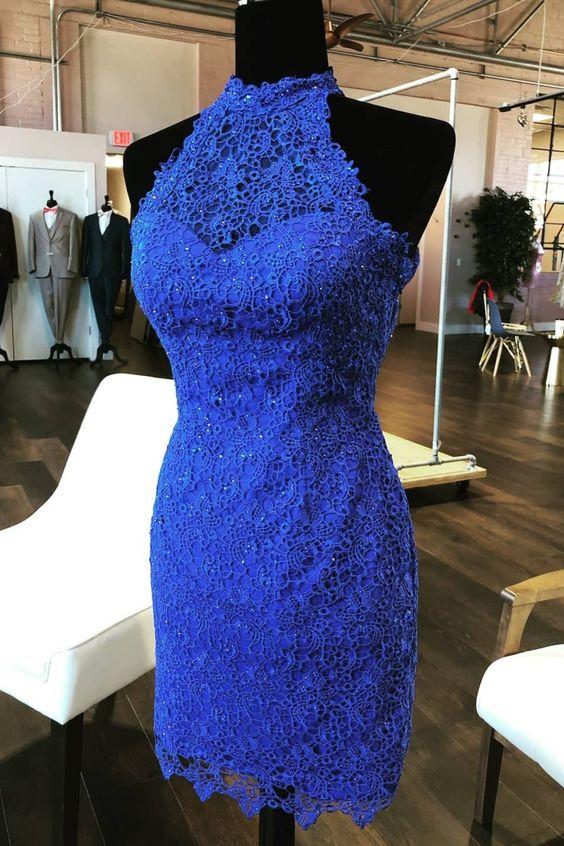 Halter Party Dress Ariel Lace Royal Blue Homecoming Dresses Tight CD24712