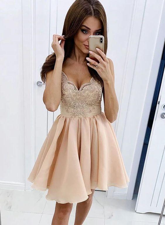 Champagne V Neck Short Dress Camille Lace Homecoming Dresses CD2583