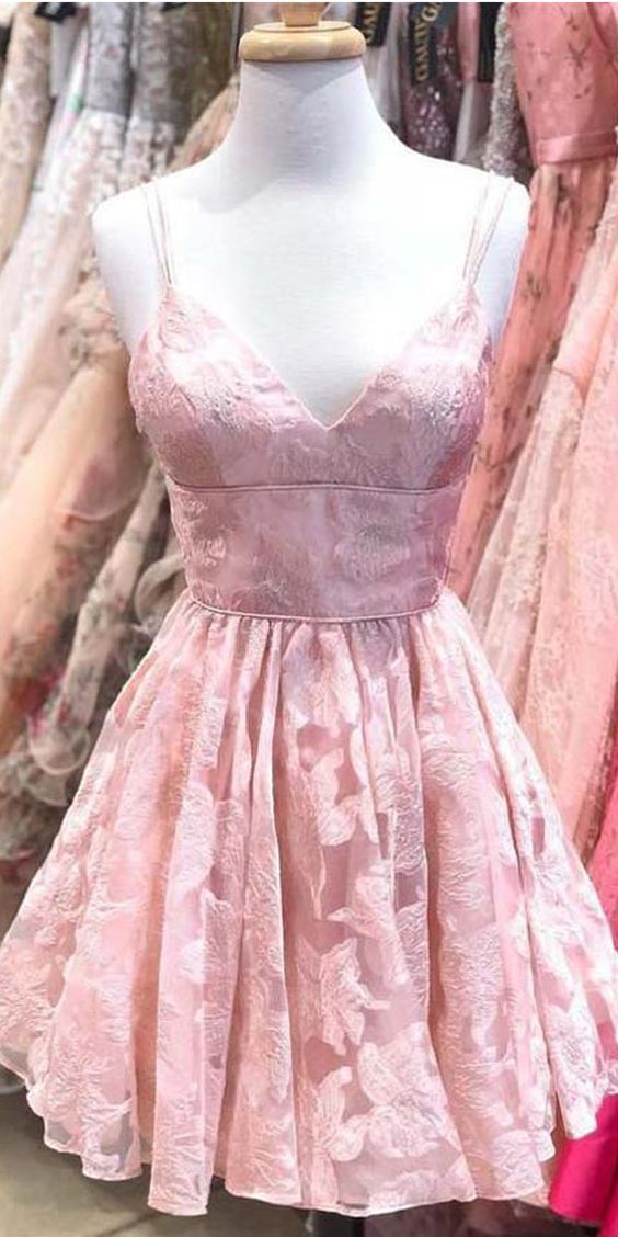 Straps A-Line Kenley Pink Homecoming Dresses Lace Short Dress CD2595