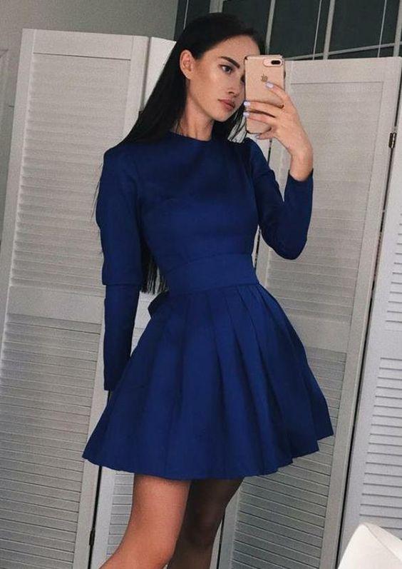 Dress Stain Long Sleeves Sage Royal Blue Homecoming Dresses Dresses Pleated CD2695