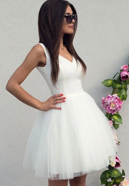 White V Neck Tulle Short Dress Helga Homecoming Dresses CD3030