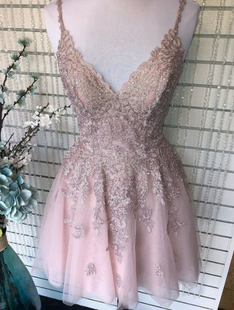 Spaghetti Lena A Line Homecoming Dresses Straps Blush With Appliques Beading CD3296
