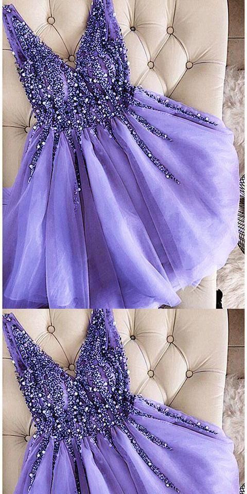 V-Neck Beaded Short Lavender Custom Made Cute Party Dress Cocktail Sherry Homecoming Dresses CD3297
