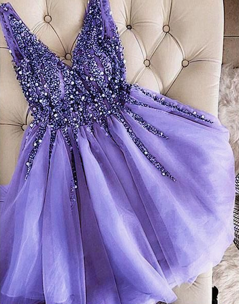 V-Neck Beaded Short Lavender Custom Made Cute Party Dress Cocktail Sherry Homecoming Dresses CD3297