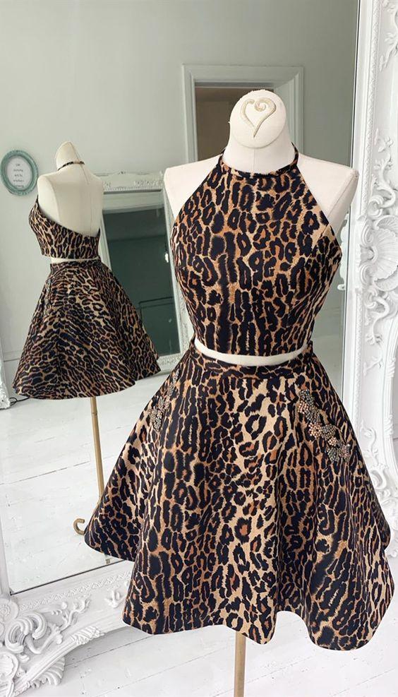 Backless Marley Two Pieces Homecoming Dresses A Line Leopard Short With Pockets CD3431