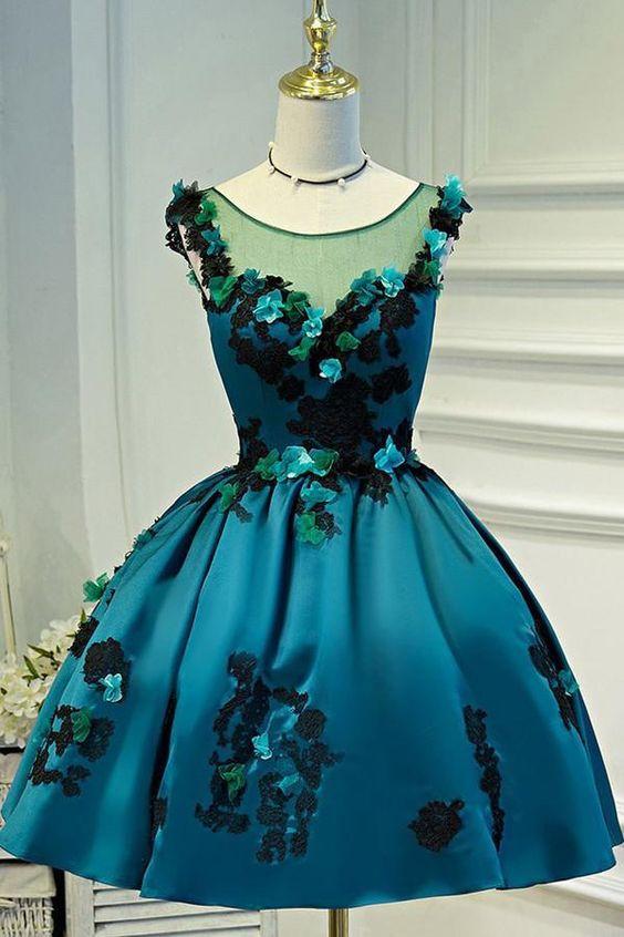Deep Green Vintage Sheer Ariella Homecoming Dresses Satin Appliques Party Dress CD3644