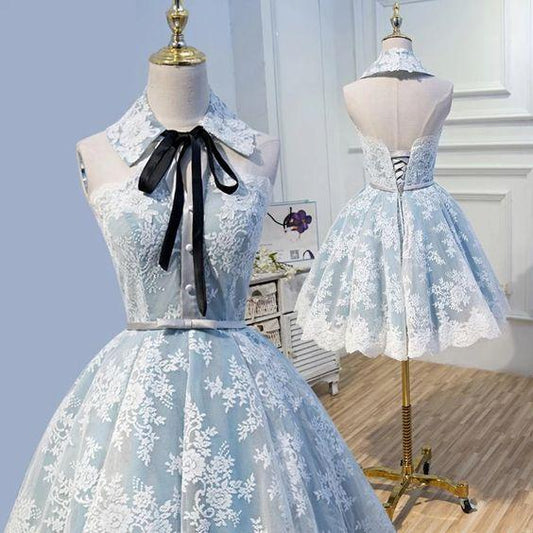 Halter Mckenzie Cocktail Homecoming Dresses Lace Light Sky Blue Appliques With Up Dresses CD3664