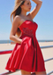 Red Soft Sweetheart Strapless With Satin Kierra Homecoming Dresses Bow Applique Pockets CD3969