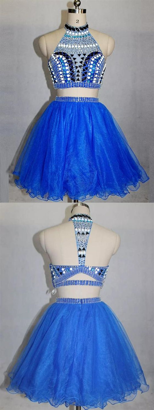 Blue High Neck Beaded Short Dresses Homecoming Dresses Yasmine Cocktail Two Pieces CD413