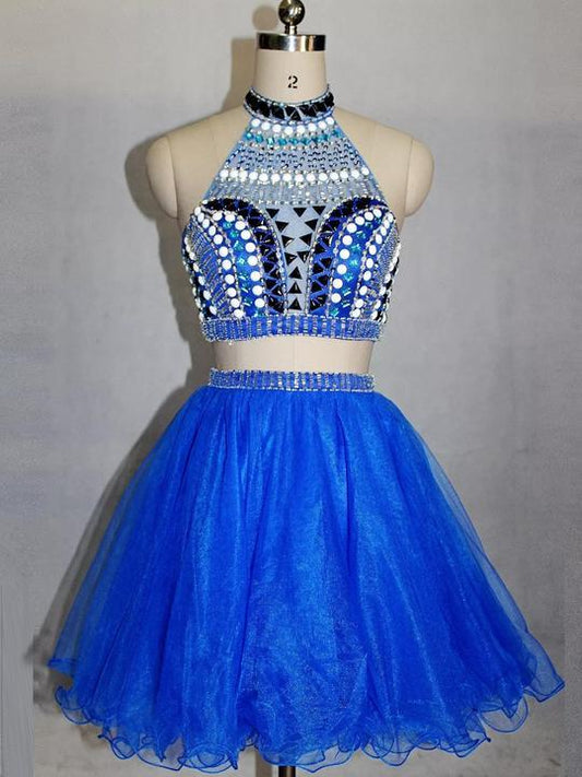 Blue High Neck Beaded Short Dresses Homecoming Dresses Yasmine Cocktail Two Pieces CD413