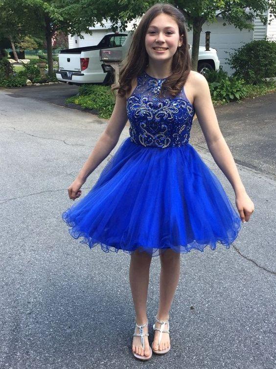 Halter Isla Homecoming Dresses Royal Blue Short/Mini Sleeveless Straps Beading CD4255