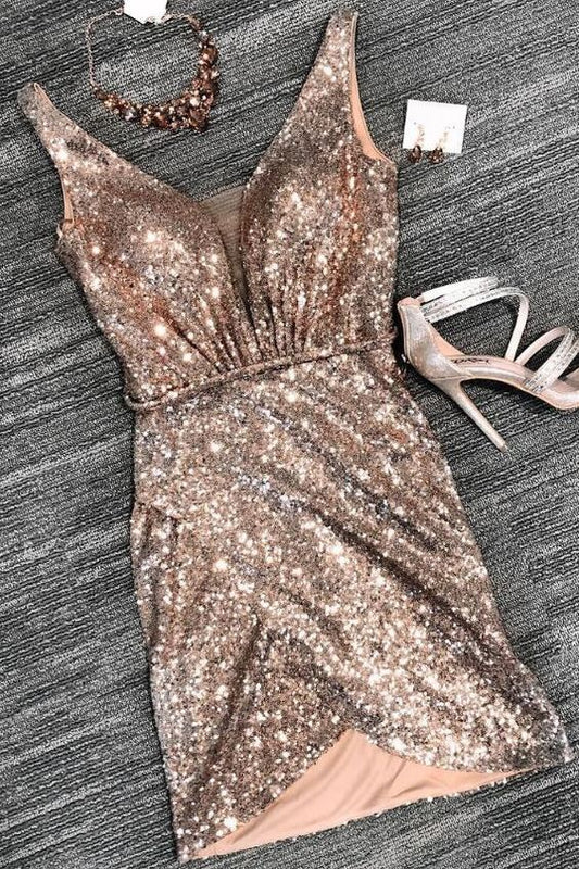 Cocktail Heidy Homecoming Dresses Sexy Tight Rose Gold Sequins Short Party Dress CD4297
