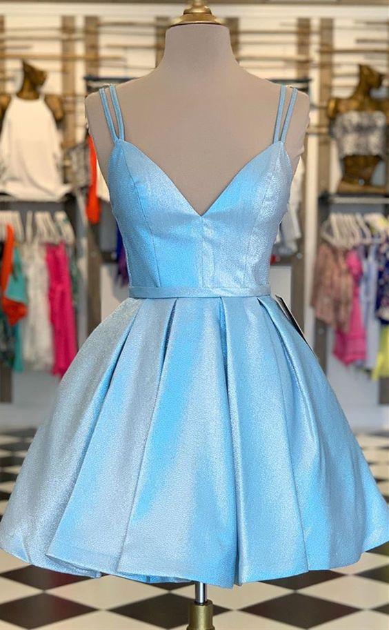 Formal Lilliana Homecoming Dresses A Line Cocktail Graduation Party Dresses Spaghetti Straps Blue Party Dresses CD4381