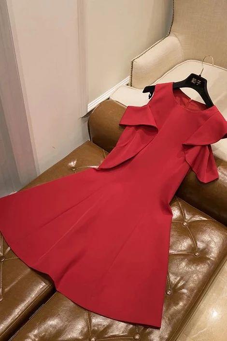 Red Short Cute Short Sleeves Dress Satin Homecoming Dresses Abbigail A Line CD4446