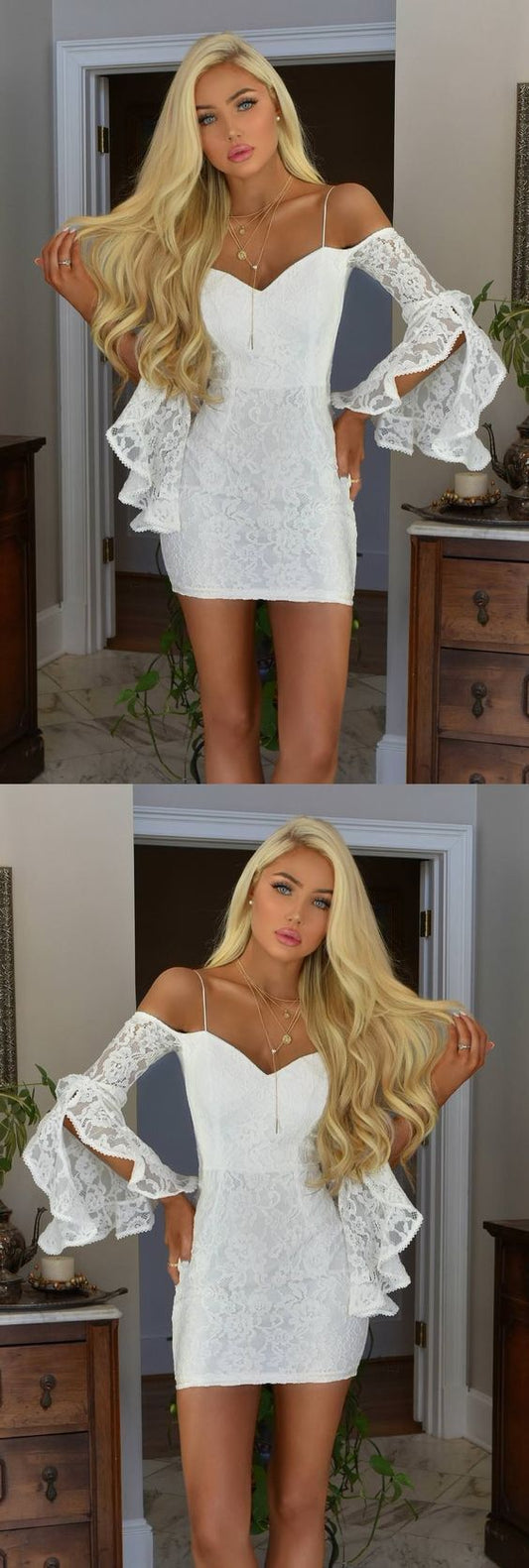 Sheath Off-The-Shoulder Bell Sleeves Short White Cocktail Salome Homecoming Dresses Lace Dress CD4588