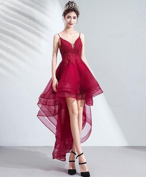 Burgundy Tulle High Lace Homecoming Dresses Ally Low Party Dress CD5154