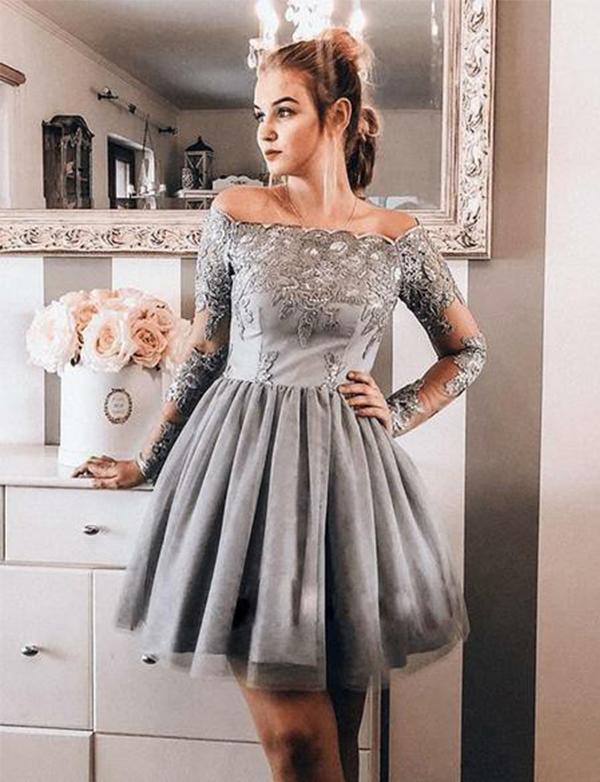 Off The Shoulder Short Cocktail Whitney Homecoming Dresses Appliques Gray Party Dresses CD518