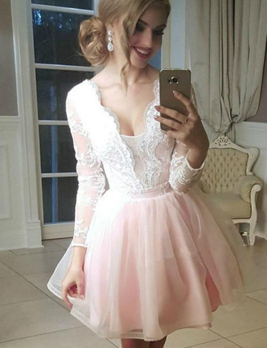 Mikaela Homecoming Dresses Pink Cocktail A-Line V-Neck Long Sleeves Tulle Dress With Appliques CD536