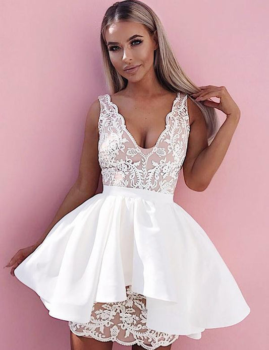 A-Line Deep Cocktail Courtney Homecoming Dresses Satin V-Neck White Dress With Appliques CD558