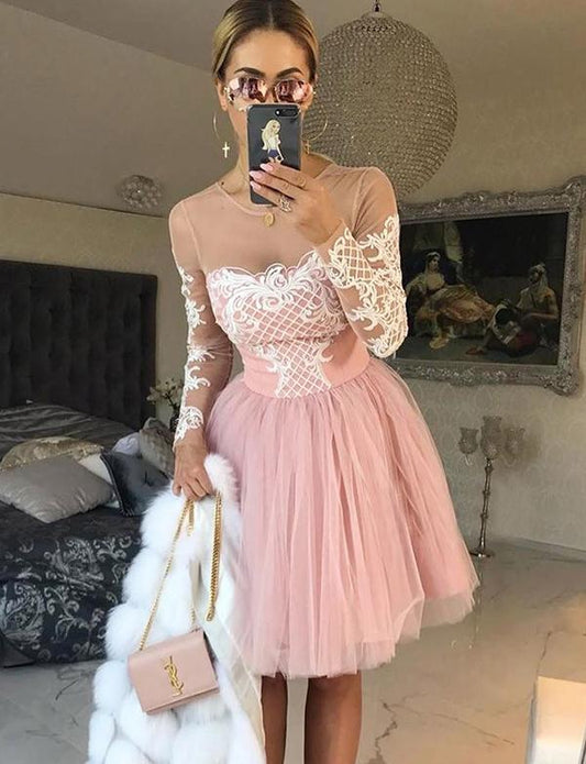 A-Line Jewel Long Homecoming Dresses Nicola Pink Cocktail Sleeves Tulle Dress With Appliques CD559