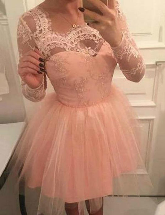 A-Line Square Long Sleeves Tulle Dress Lace Pink Cocktail Homecoming Dresses Angelique With CD562