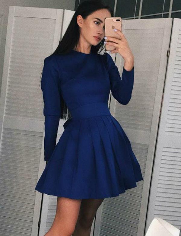 Fashion A-Line Jewel Long Sleeves Kitty Homecoming Dresses Navy Blue Short CD565