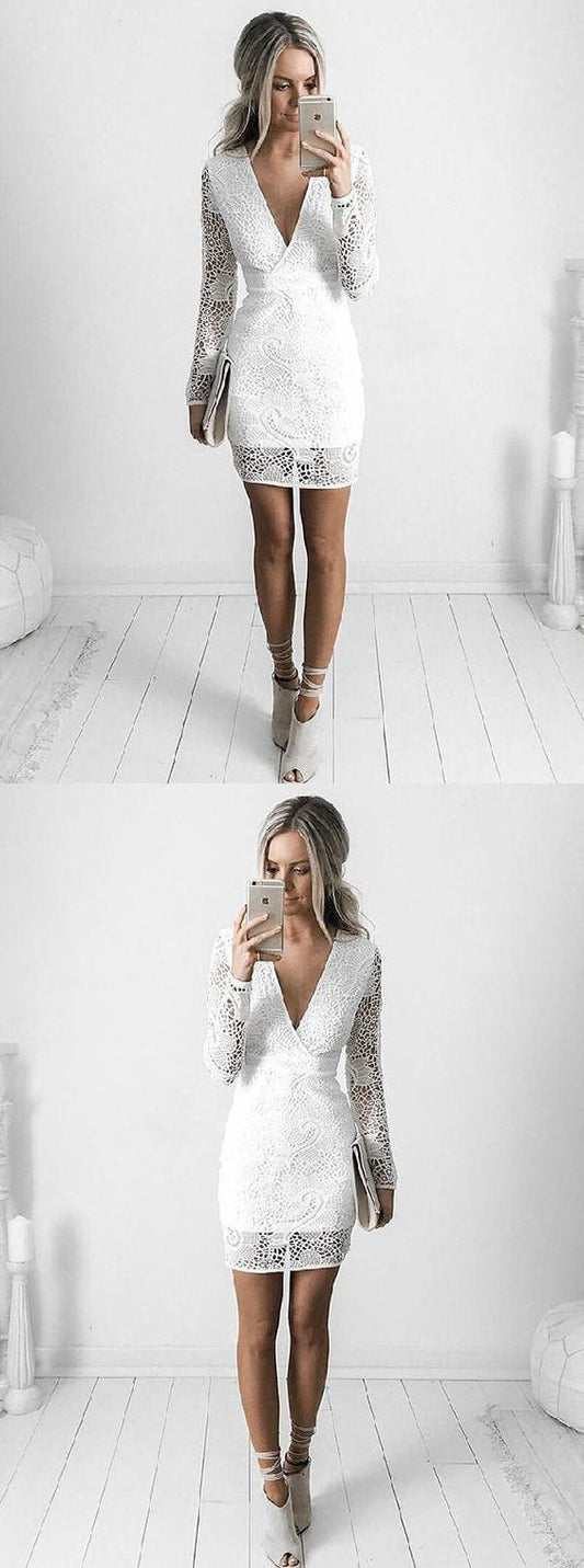 White V-Neck Sheath Short White Dress With Long Sleeves Cocktail Ali Lace Homecoming Dresses CD784
