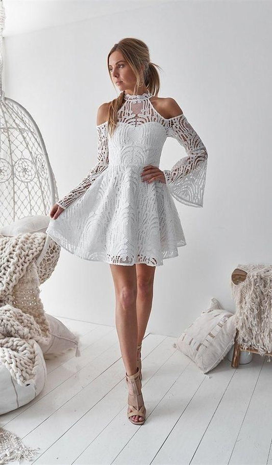 Plus Size Dresses A-Line High Neck Bell Sleeves Cold Shoulder Above-Knee Homecoming Dresses Nadine White CD8101