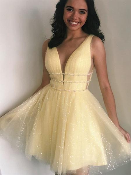 Eileen Homecoming Dresses A-Line V-Neck Sparkly Yellow Tulle Beading Short CD8292