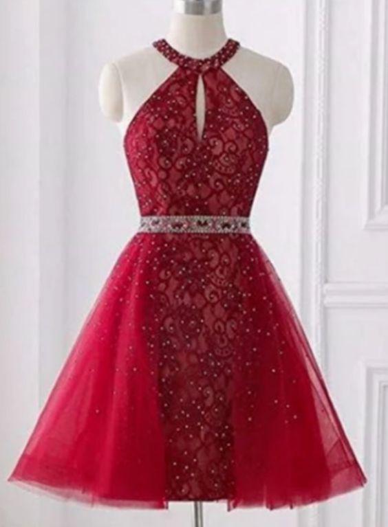 Red Homecoming Dresses Caylee A Line Lace Halter Sleeveless Backless CD8349