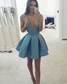A-Line Deep V-Neck Sleeveless Blue Short Alexandra Satin Homecoming Dresses CD861