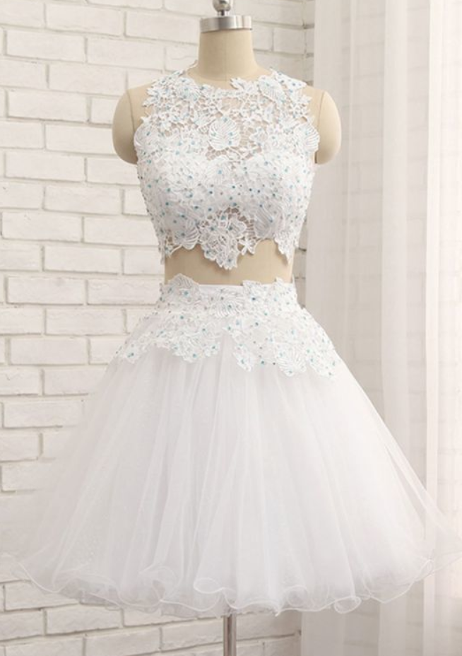 White Homecoming Dresses Lace Anahi Two Pieces Tulle Short Dress CD931
