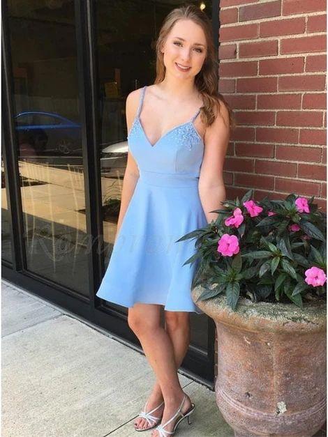 Maren Homecoming Dresses A-Line Spaghetti Straps Above-Knee Light Blue With Beading CD9618