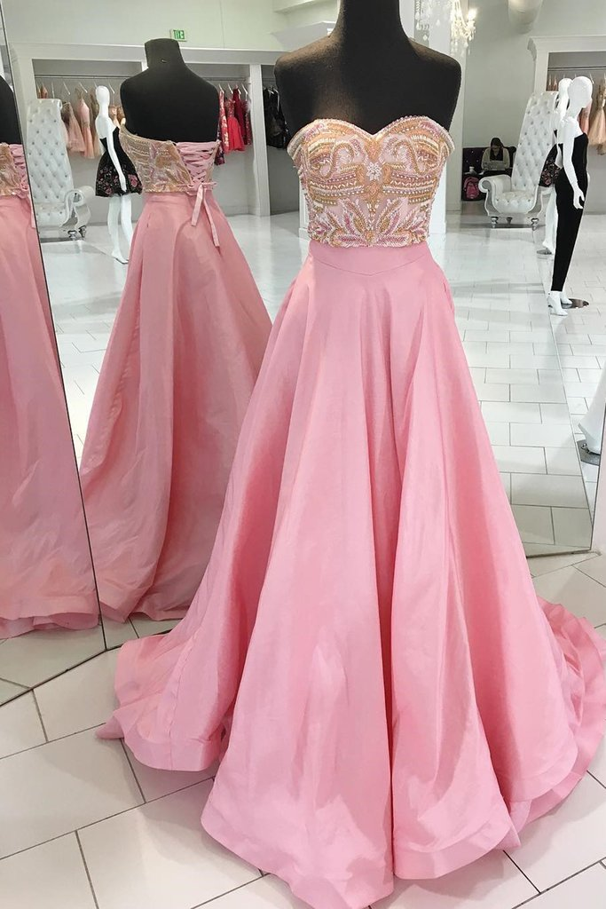 Amazing Pearls Pink A Line Sweetheart Long Cheap Evening Dresses JS30