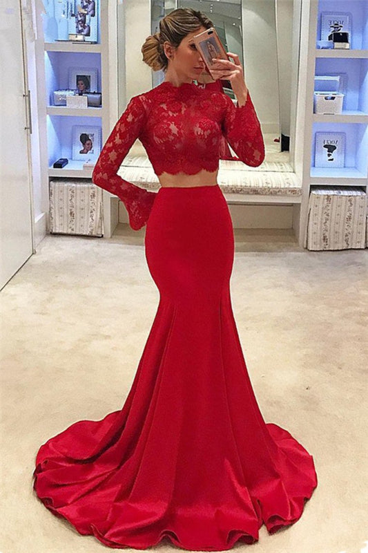 2024 Two-Piece High Neck Long Sleeves Satin With Applique Mermaid Prom Dresses