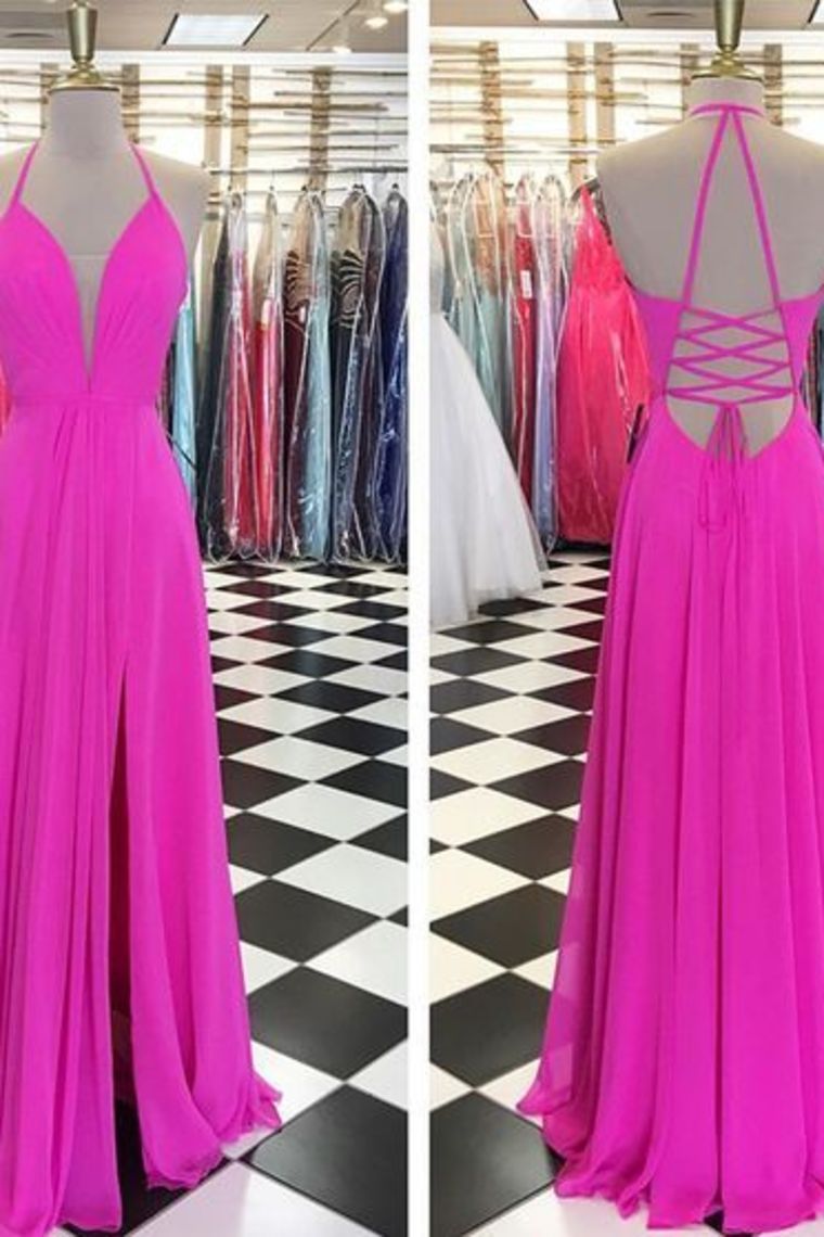 2024 Simple Style A Line Halter Neck Chiffon Prom Dresses Floor Length With Slit