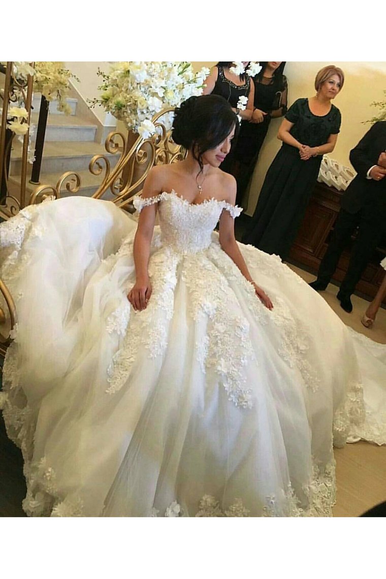 Wedding Dresses Off The Shoulder A-Line Tulle With Applique Court Train