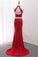 High Neck Spandex Two Pieces Prom Dresses With Applique And Beads Sweep Train