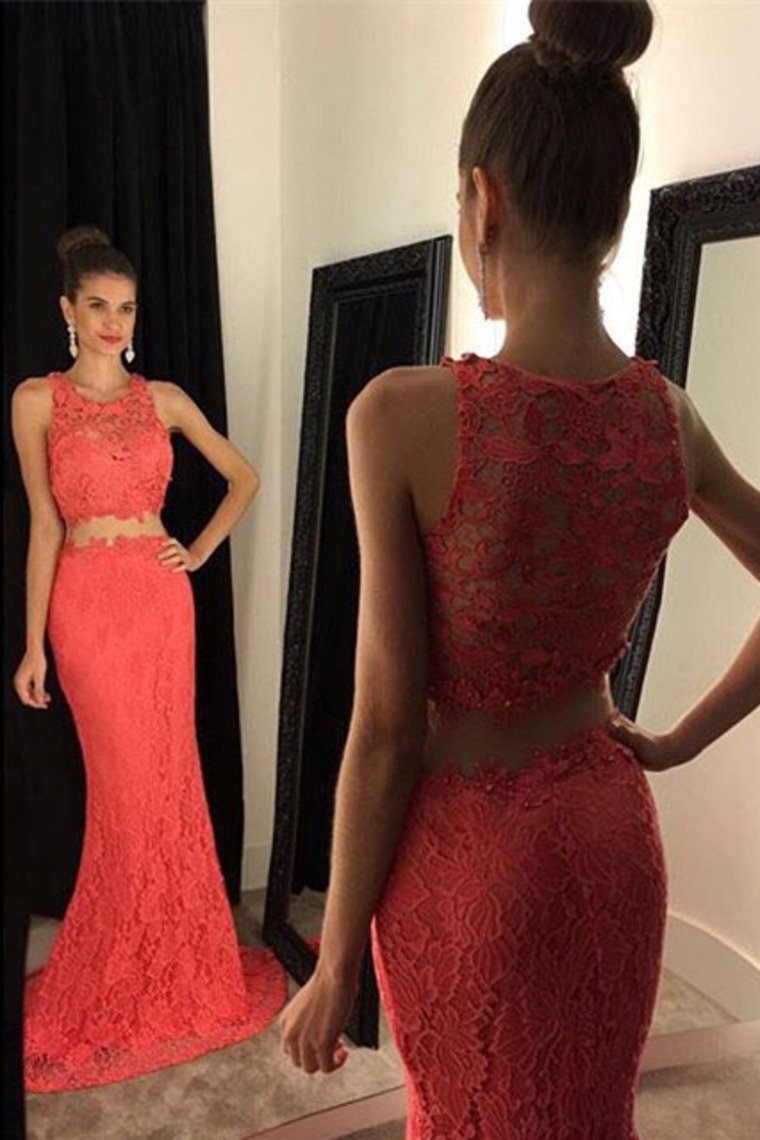 Two-Piece Scoop Prom Dresses Mermaid Lace Sweep Train