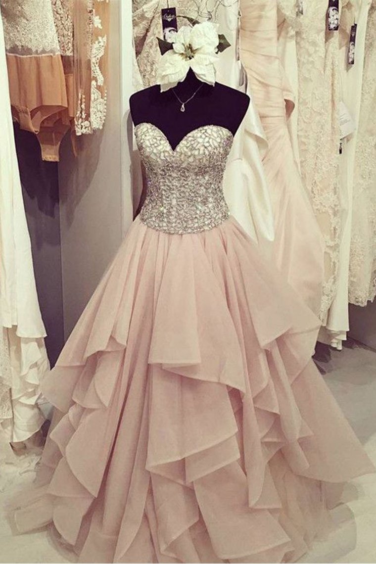 Sweetheart Prom Dresses A Line Organza With Beading Sweep Train