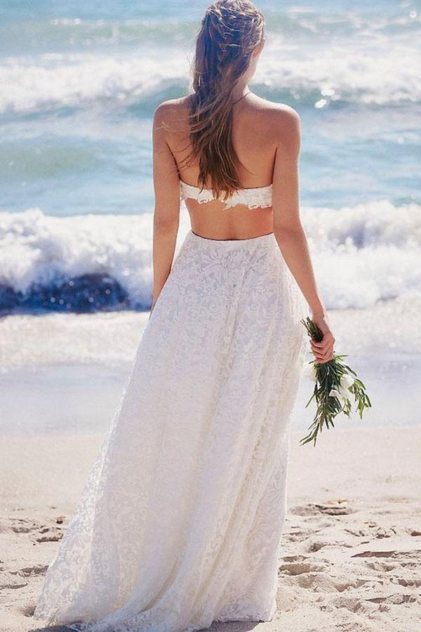 A-Line White Sweetheart Strapless Lace Long Beach Open Back Wedding Dresses JS268