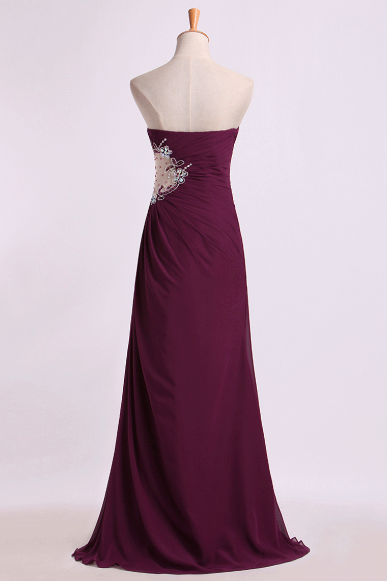Prom Dresses A Line Ruffled Bodice Beaded With Slit Floor Length