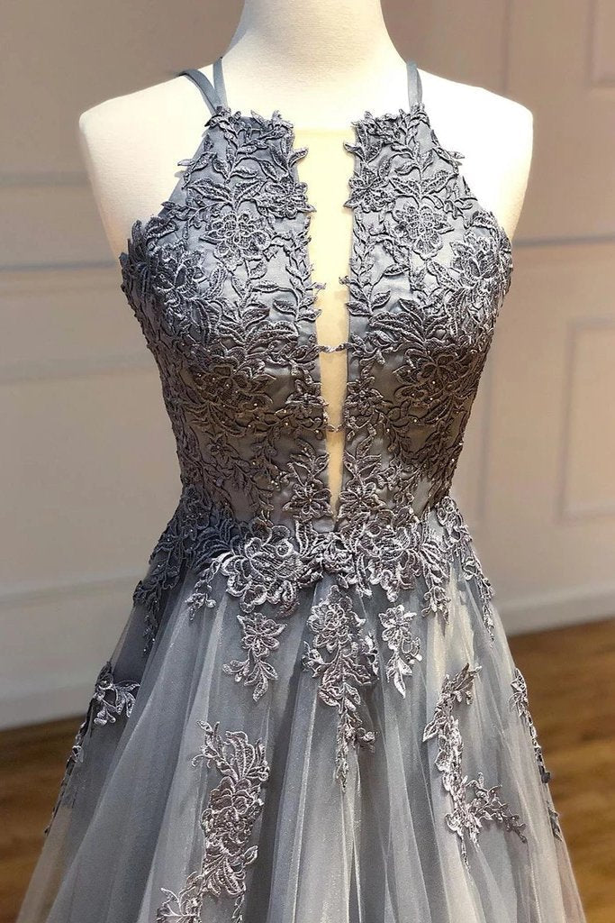 A Line Spaghetti Straps Lace Silver Long Prom Dresses with Applique Open Back Party Dresses SRS15027