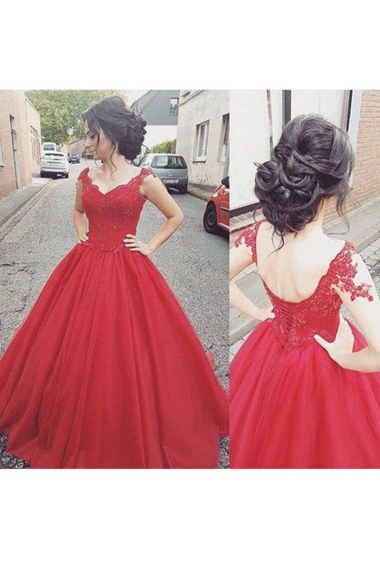 2024 V Neck A Line Tulle Prom Dresses With Applique Sweep Train